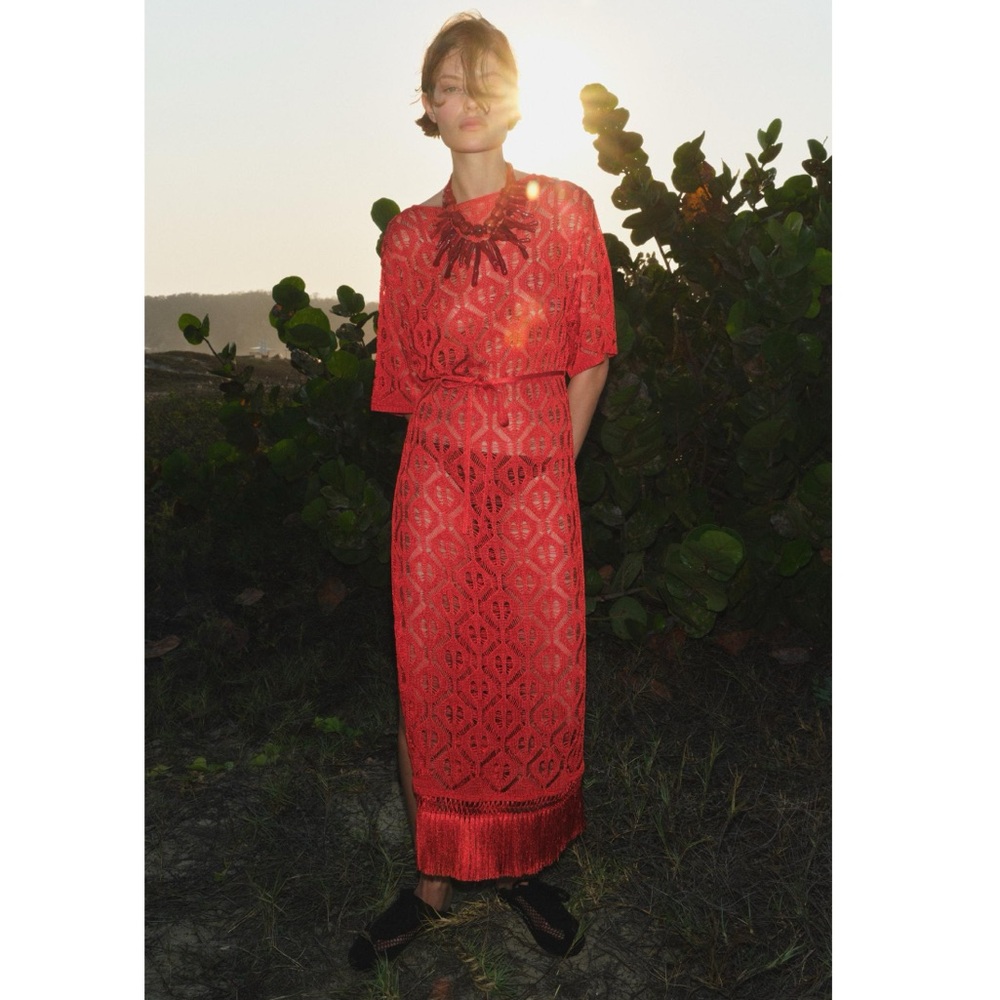 Zara Red Lace and Fringe Midi Dress Cover